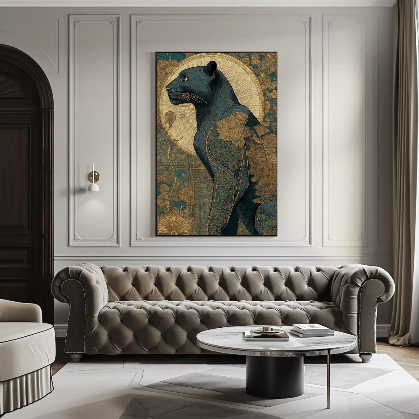 Art Deco Panther , Gold Geometric canvas wall art shown in a living room