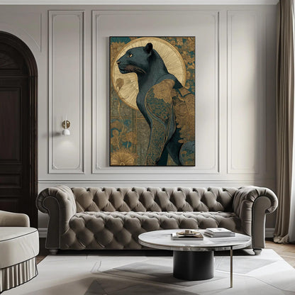 Art Deco Panther , Gold Geometric canvas wall art shown in a living room