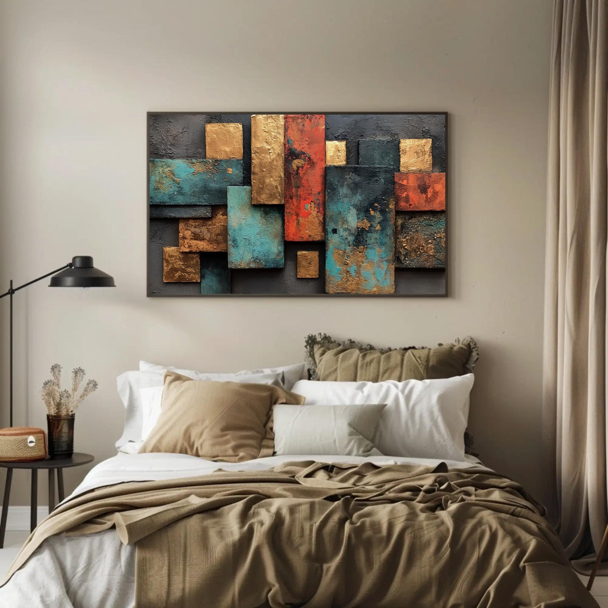 Gold teal rust geometric canvas wall art, bedroom with a bed and a painting on the wall