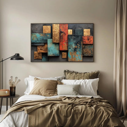 Gold teal rust geometric canvas wall art, bedroom with a bed and a painting on the wall