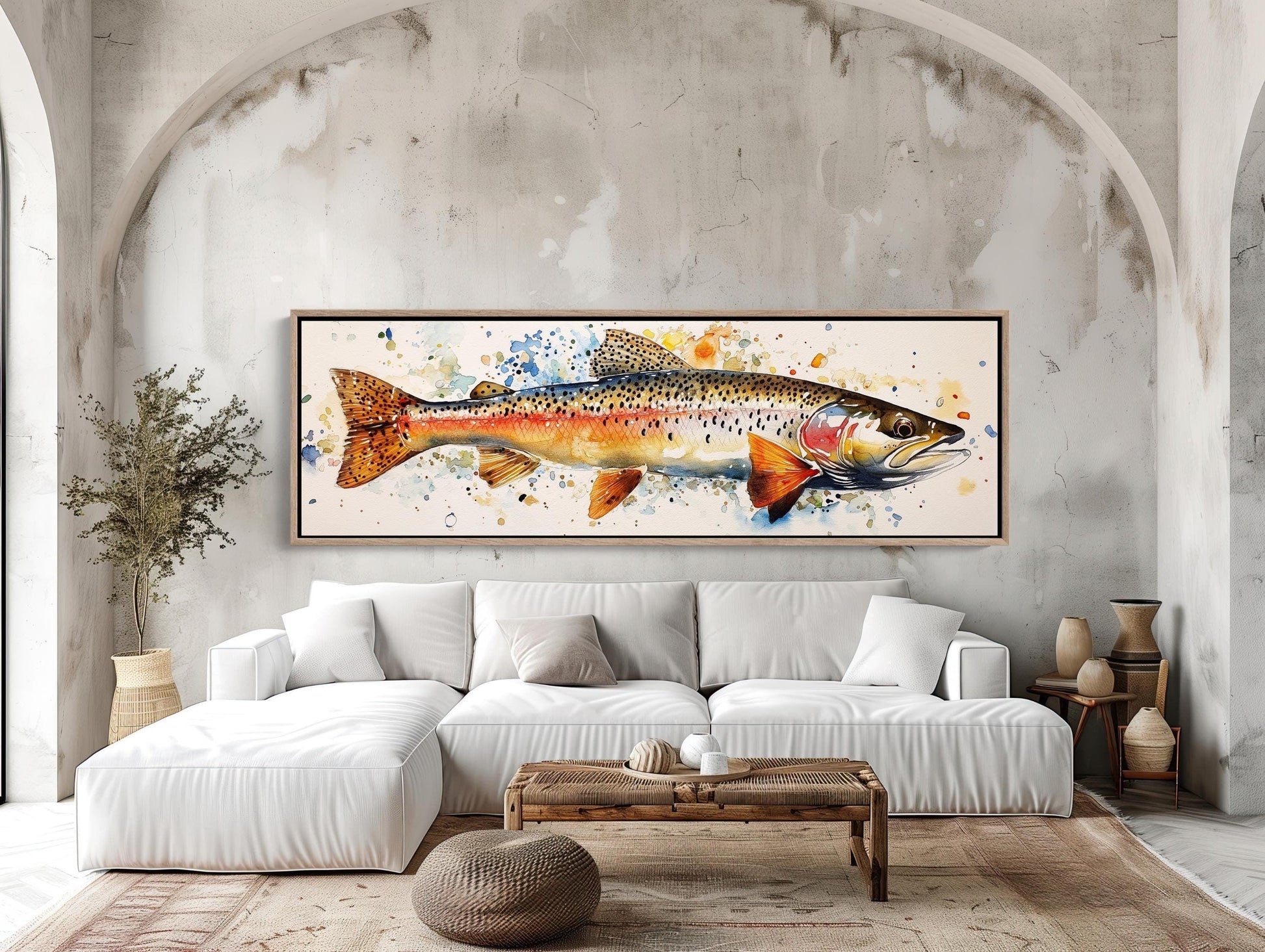 Rainbow Trout Canvas Print, Watercolor Fishing Cabin Wall Art