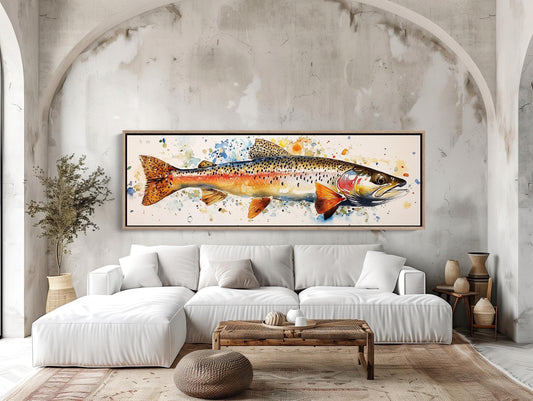 a living room with a large fish painting on the wall
