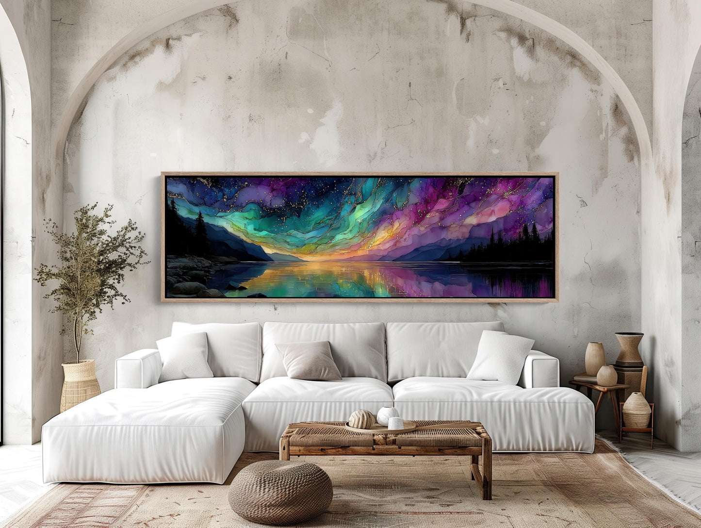 Aurora Lake , Northern Lights Panoramic canvas wall art shown in a living room (view 3)