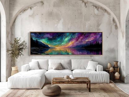 Aurora Lake , Northern Lights Panoramic canvas wall art shown in a living room (view 3)