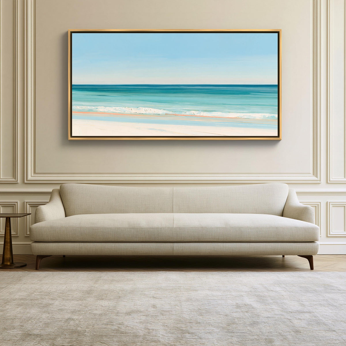 Turquoise ocean beach canvas wall art, large, framed painting of a beach scene hanging on a wall above a beige sofa in a