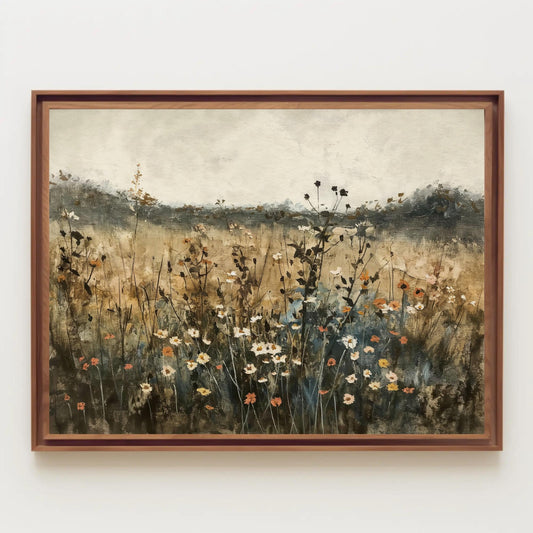 The image is a painting of a field with tall grass and wildflowers, depicting a serene and natural landscape.