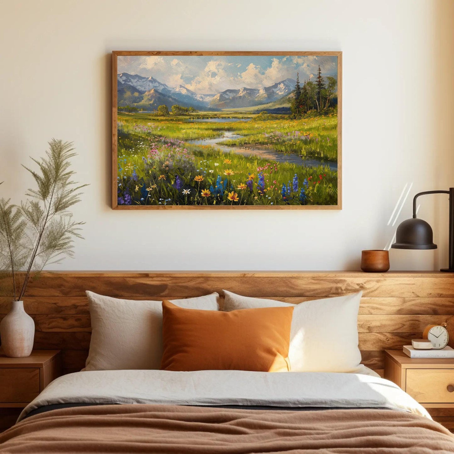 Vintage Mountain River Canvas Print, Meadow Field Wall Art