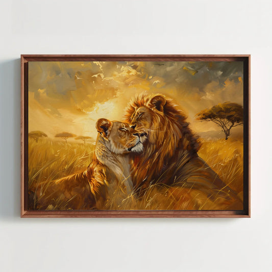 a painting of two lions in a field