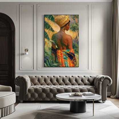 Caribbean woman in head wrap canvas wall art, large painting of a woman with a colorful, vibrant dress hanging on the wall