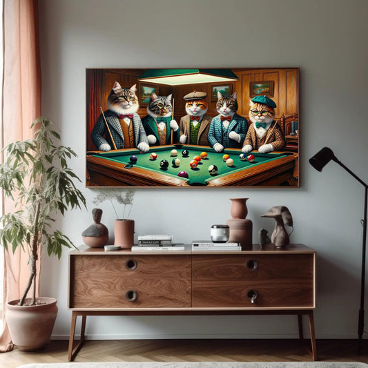 a painting of cats playing pool in a living room