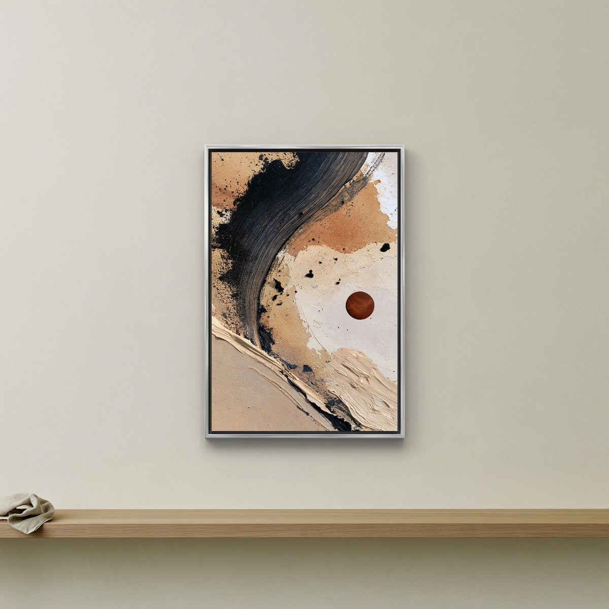 Wabi sabi abstract rust sun canvas wall art, framed abstract painting hanging on a wall above a wooden shelf