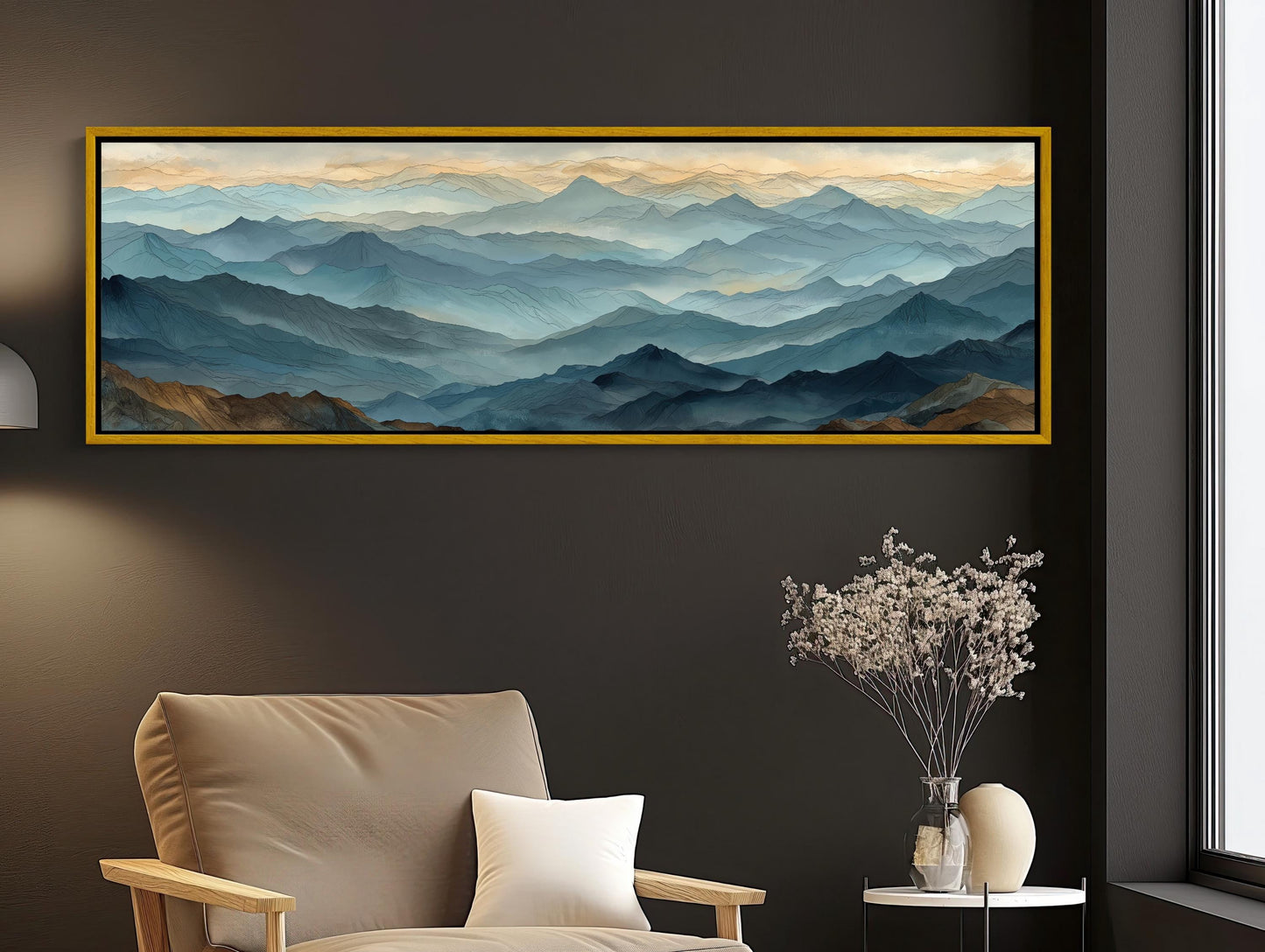 Misty Mountain , Japandi Panoramic Landscape canvas wall art shown in a living room