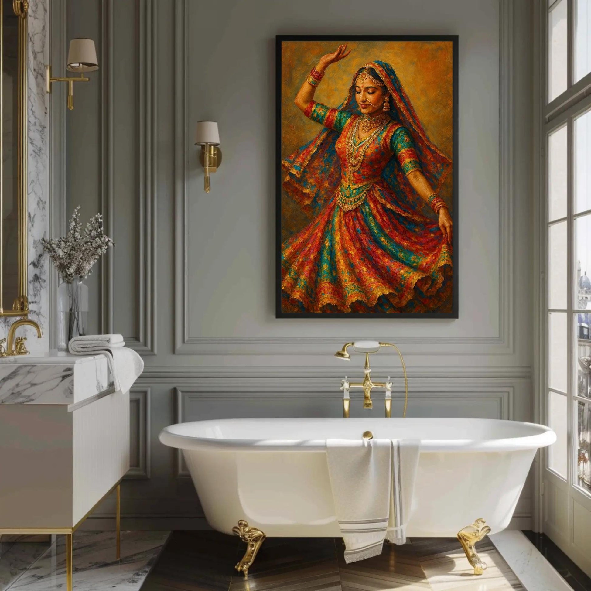 Bharatanatyam Dancer canvas wall art shown in a bathroom