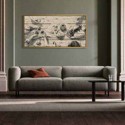 Dinner party table sketch canvas wall art, gray sofa with a red throw pillow, and a wooden coffee table in front of it.