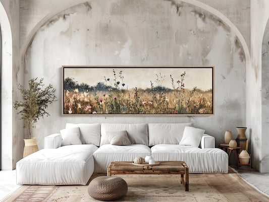 Vintage Wildflower Oilfield Canvas Print, Panoramic Rustic Wall Art