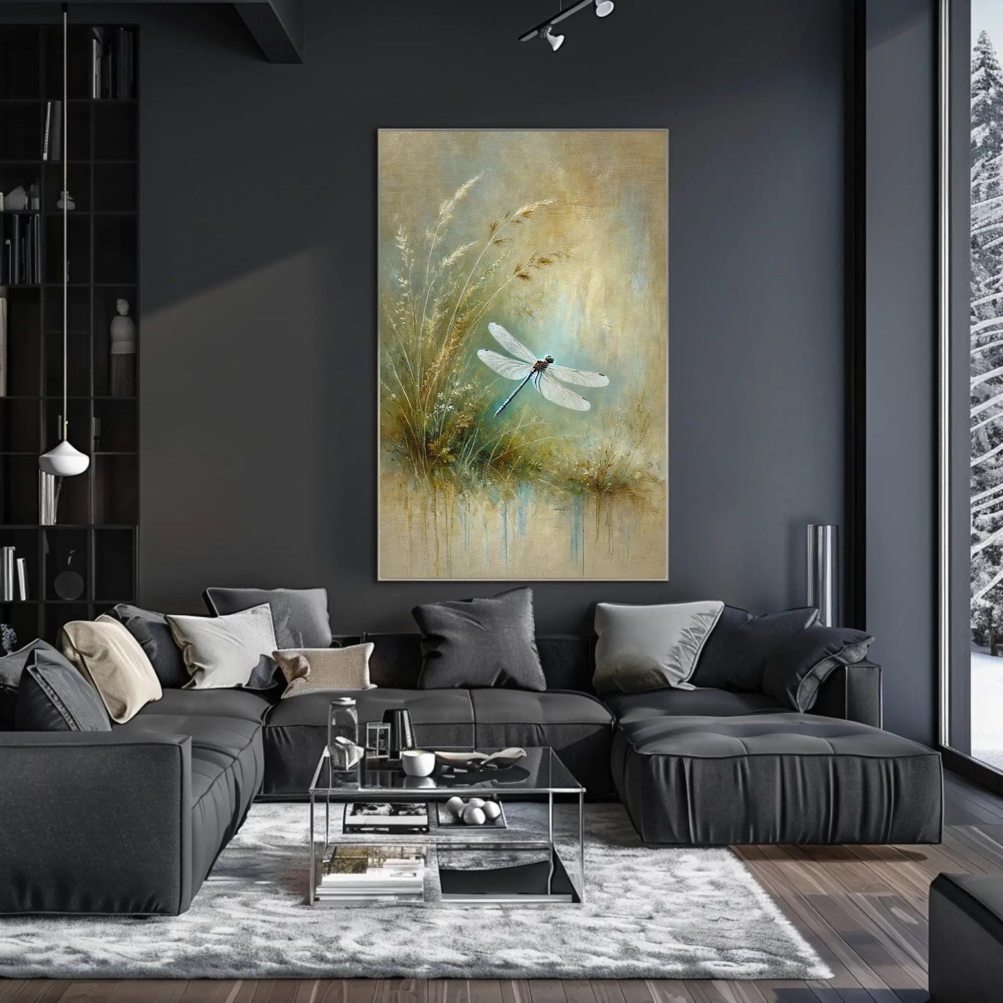 Dragonfly canvas wall art shown in a living room (view 3)