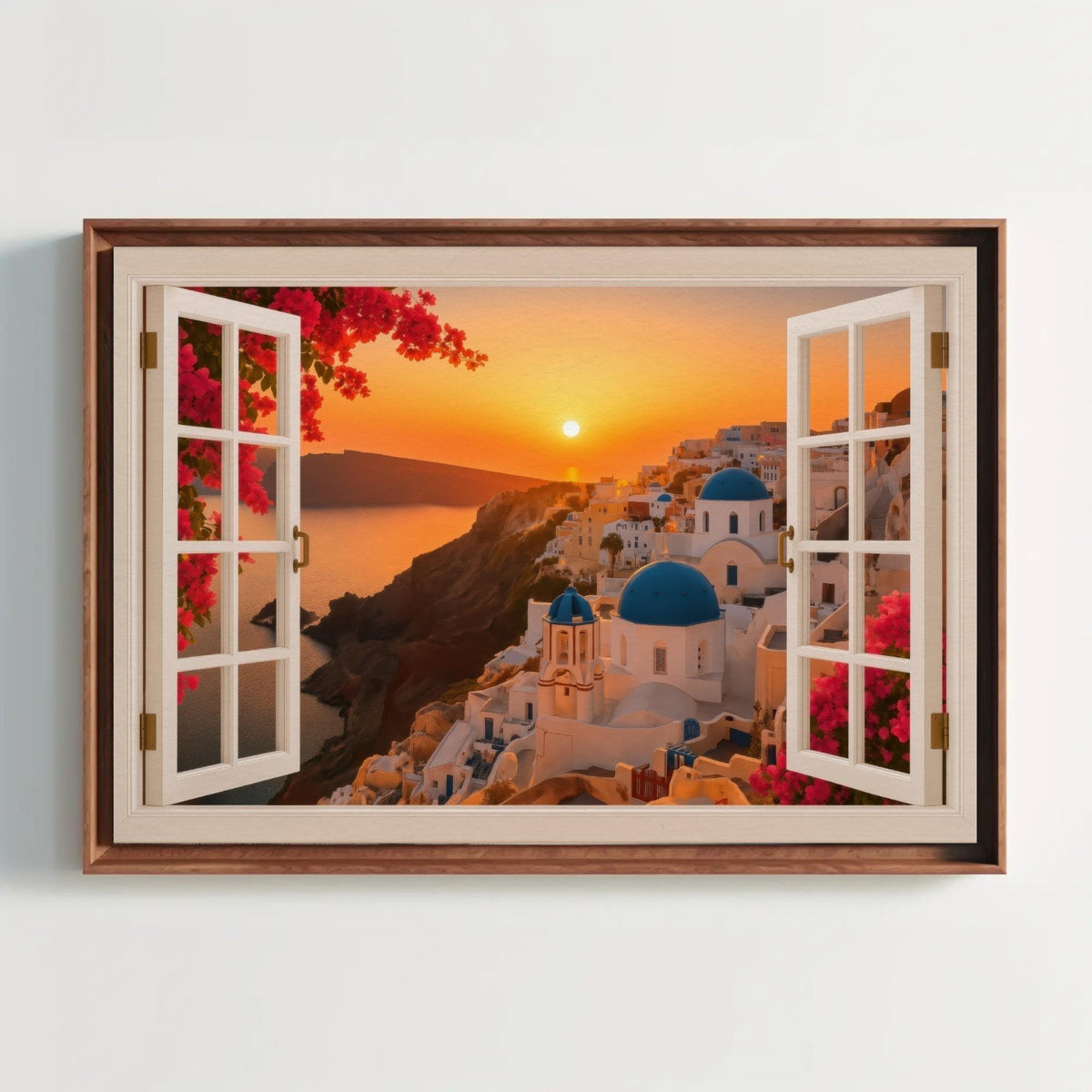 Santorini window sunset canvas wall art in a room setting