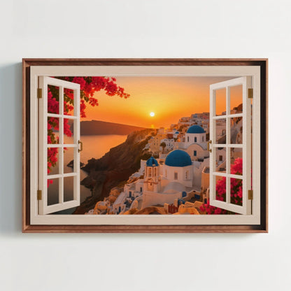 Santorini window sunset canvas wall art in a room setting
