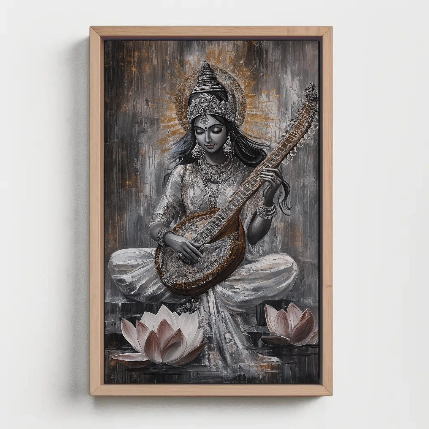 Goddess Saraswati , Hindu Wisdom canvas wall art shown in a styled room
