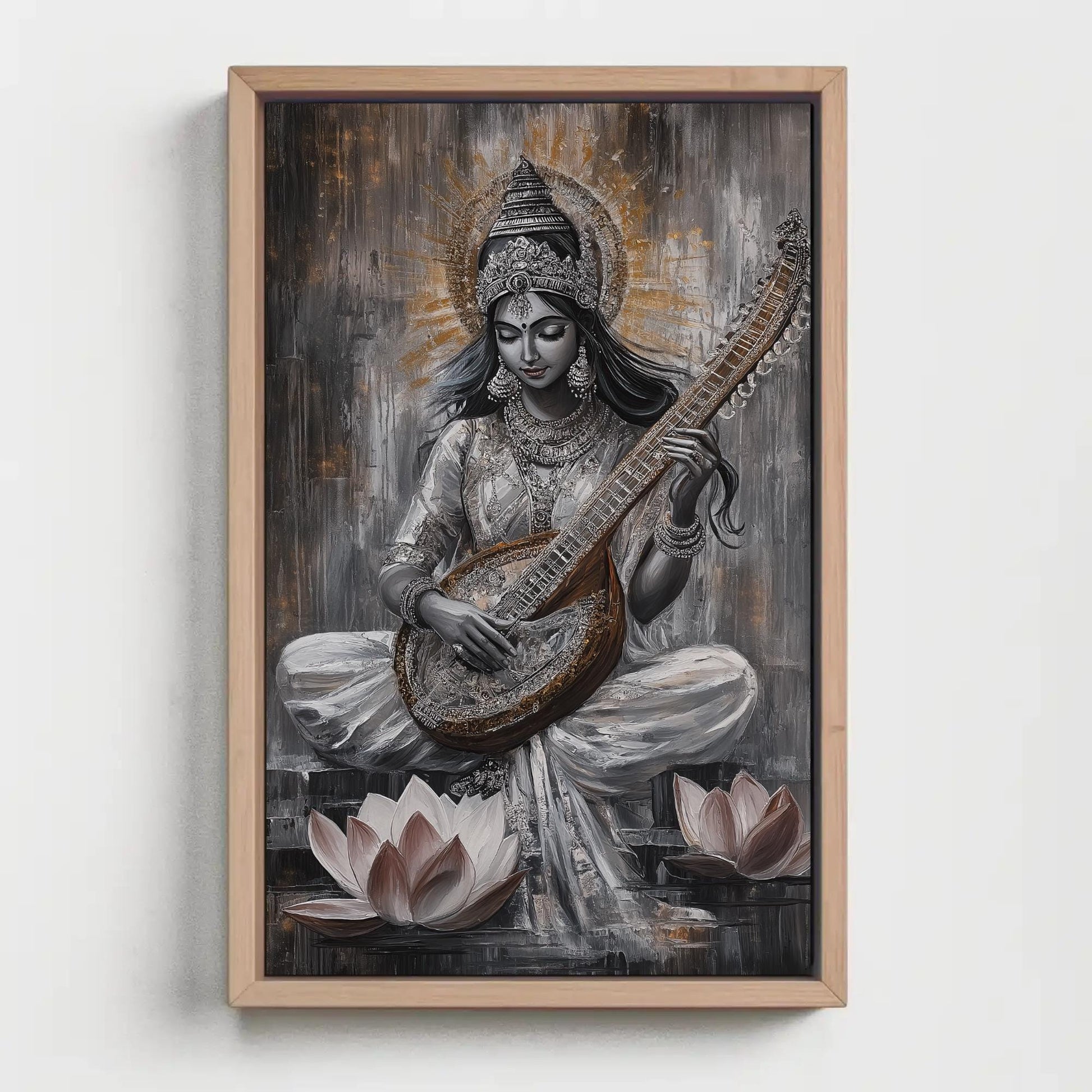 Goddess Saraswati , Hindu Wisdom canvas wall art shown in a styled room