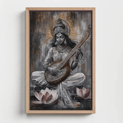 Goddess Saraswati , Hindu Wisdom canvas wall art shown in a styled room