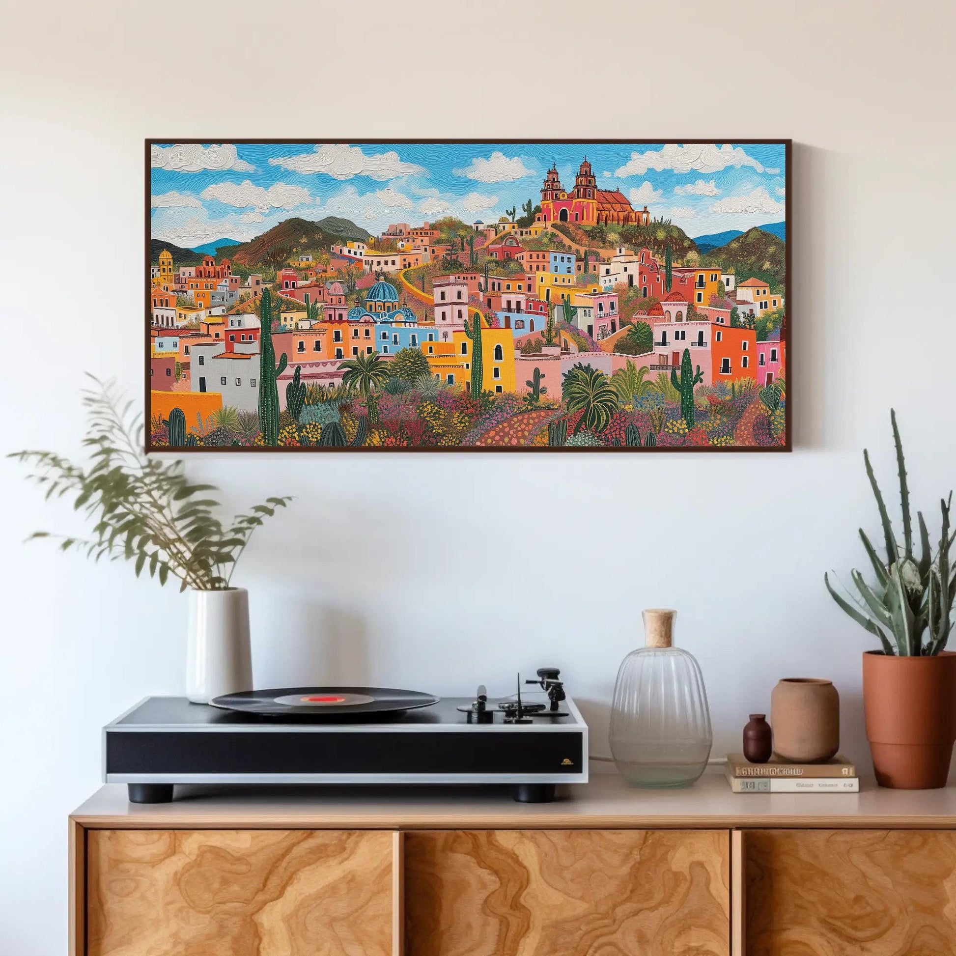 Zacatecas Mexico , Colorful Colonial canvas wall art shown above a cabinet