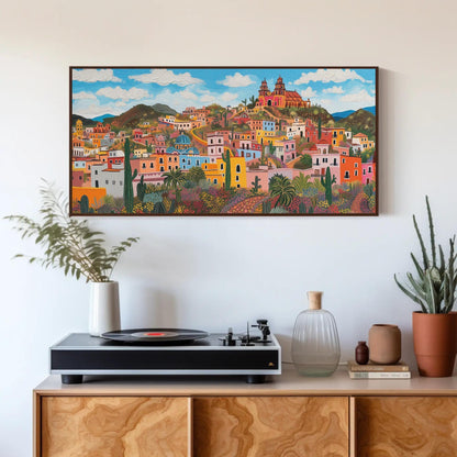 Zacatecas Mexico , Colorful Colonial canvas wall art shown above a cabinet