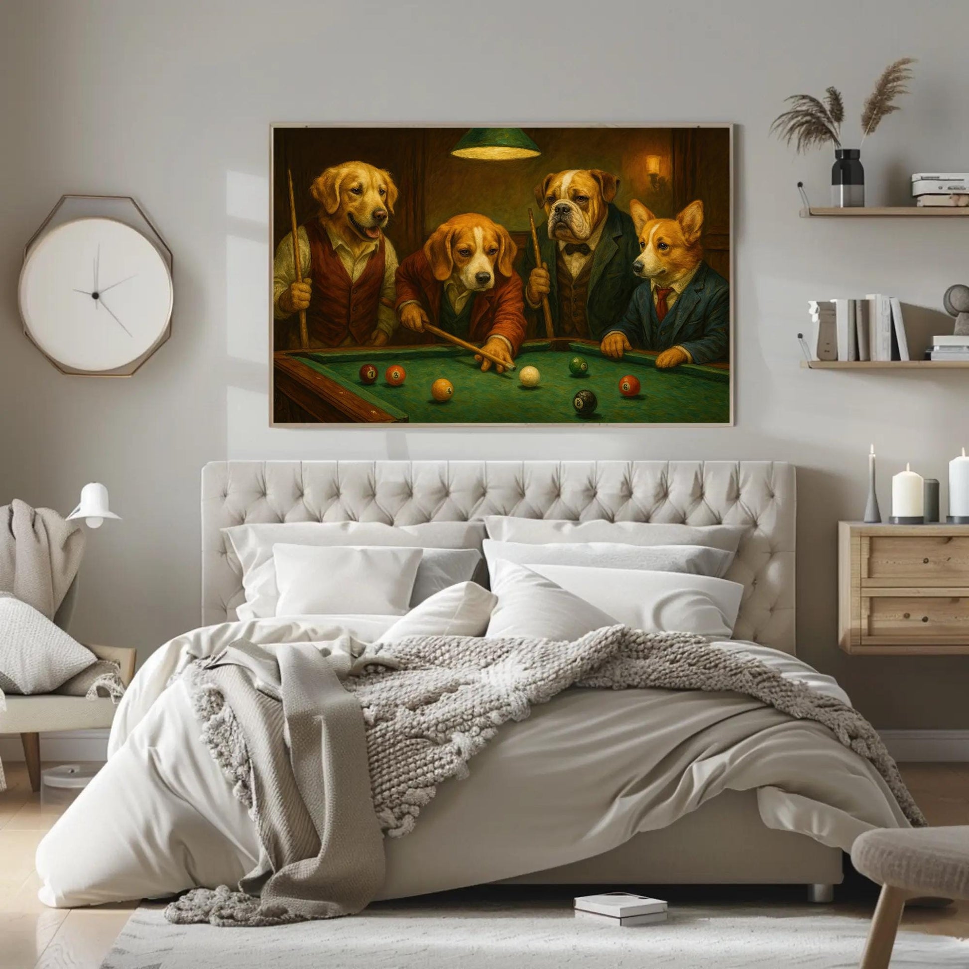 a painting of three dogs playing pool in a bedroom