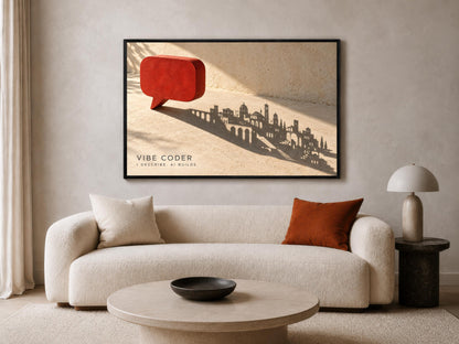 a modern living room with a large framed artwork depicting a city skyline on the wall above a white sofa with two throw pillows.