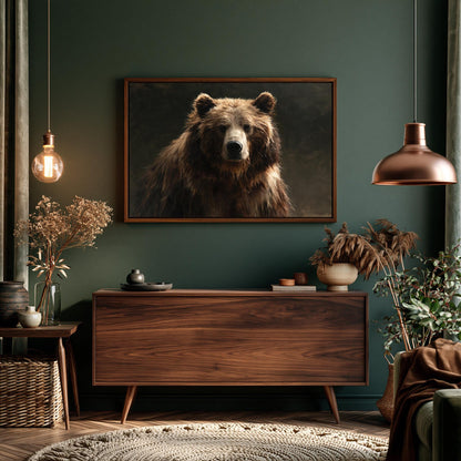 a wooden dresser with a framed picture of a brown bear hanging above it. The room has a green wall, a wooden floor, and various decorative elements such as potted plants, vases, and a rug.