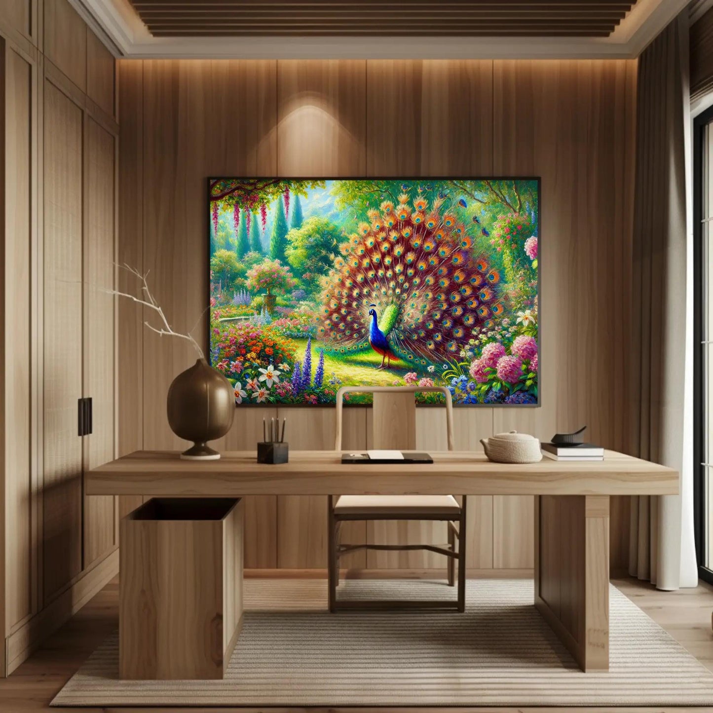 Peacock Garden canvas wall art shown above a desk
