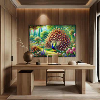 Peacock Garden canvas wall art shown above a desk