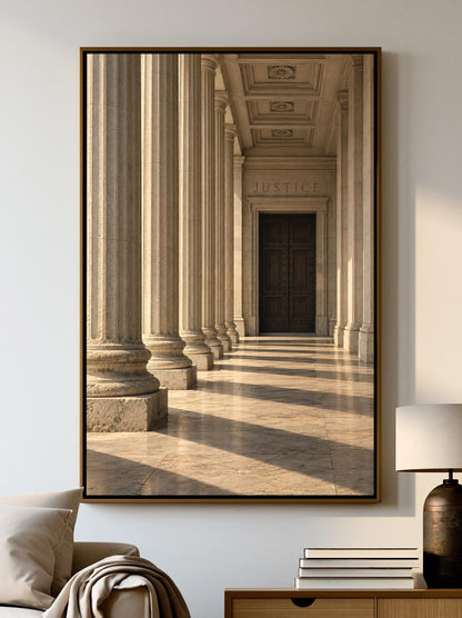 a grand, classical architectural hallway with tall, slender columns leading to a dark wooden door at the end.