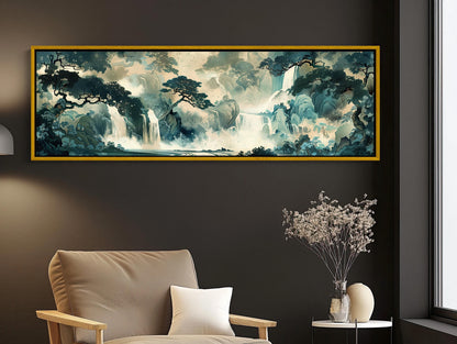 Japanese Waterfall Canvas Print, Ukiyo-e Panoramic Wall Art