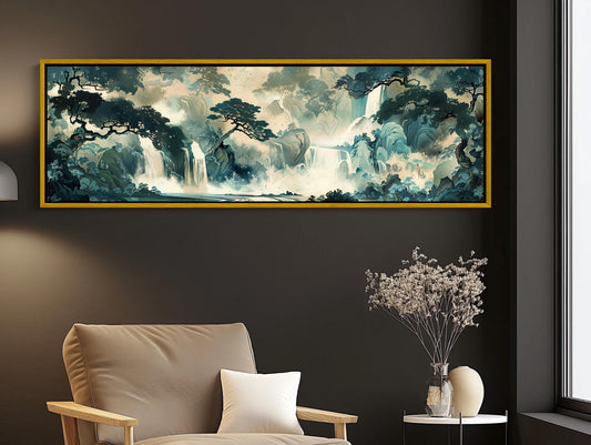a living room with a chair and a painting on the wall