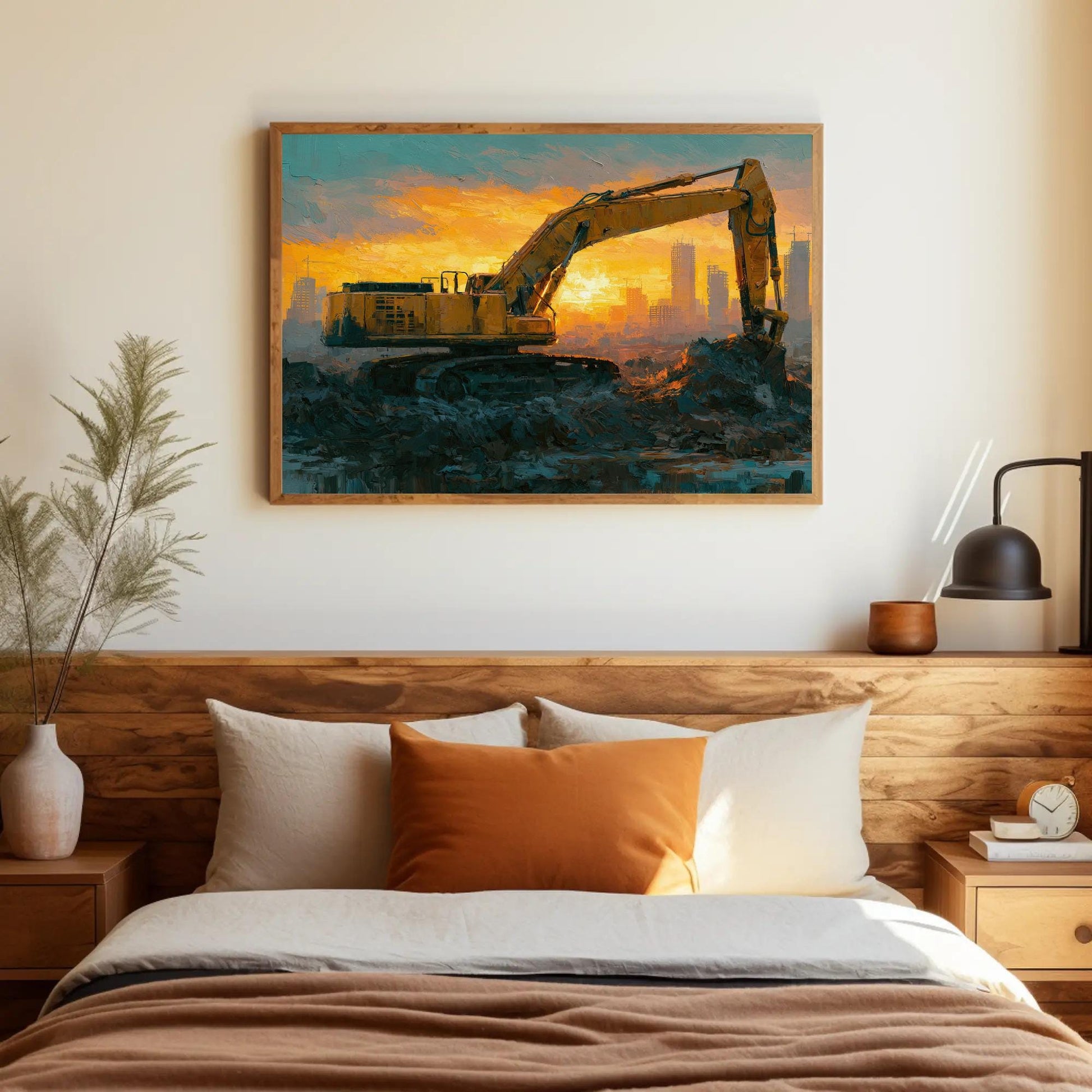Excavator canvas wall art shown above a bed