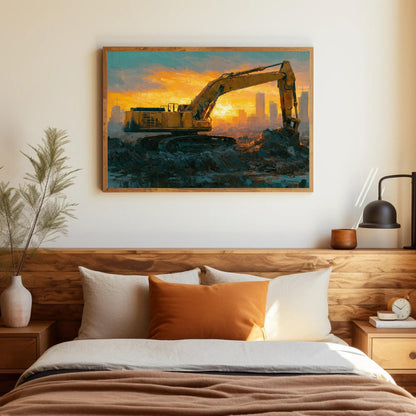 Excavator canvas wall art shown above a bed