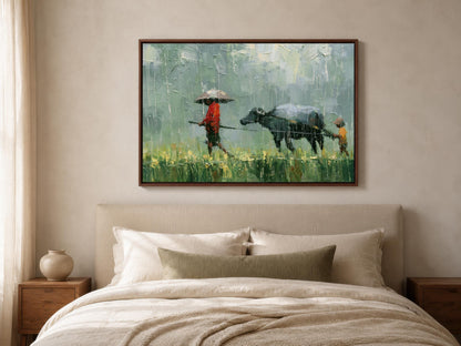 a person walking with an umbrella and a cow in a field, with a painting hanging on the wall above a bed with white pillows.