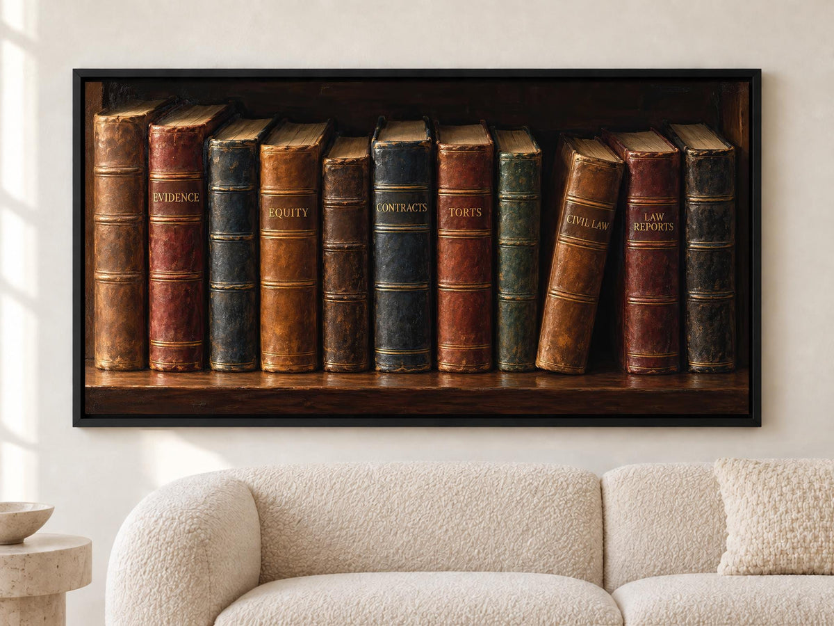 A framed painting of a row of old, leather-bound books on a shelf, with the titles "EVIDENCE", "FLEXIBILITY", "CONTRACT", "TORTS", "CIVIL LAW", and "LAW".