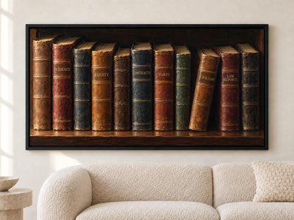 A framed painting of a row of old, leather-bound books on a shelf, with the titles "EVIDENCE", "FLEXIBILITY", "CONTRACT", "TORTS", "CIVIL LAW", and "LAW".