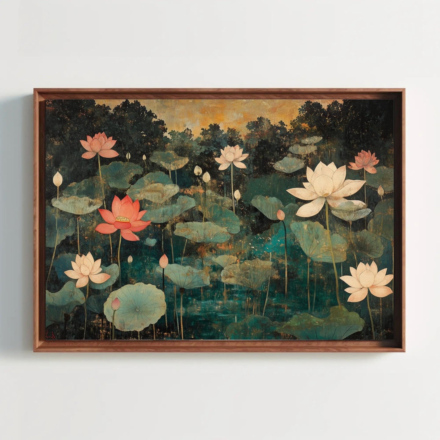 Lotus Pond Canvas Print, Gold Teal Indian Mughal Floral Art