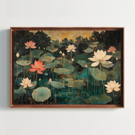 The image is a framed painting depicting a serene scene of lotus flowers floating on a pond, surrounded by lush greenery.