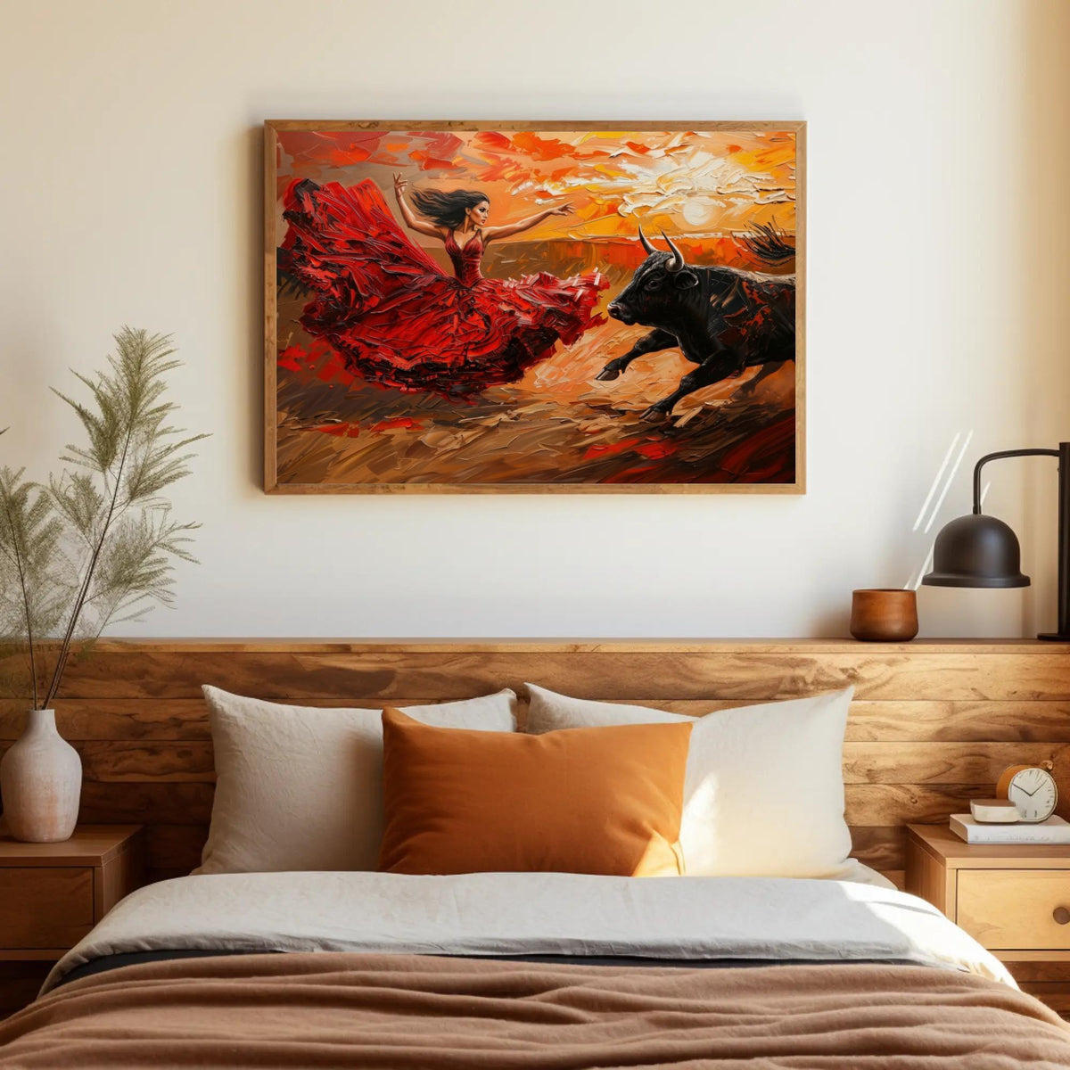 Flamenco dancer and bull canvas wall art in a room setting