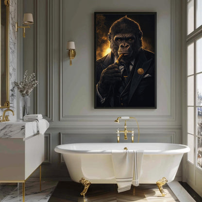 Suited Gorilla canvas wall art shown in a bathroom