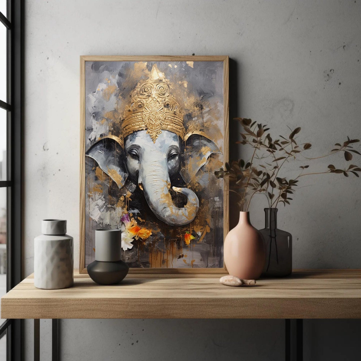 Ganesha Gold , Hindu God Pooja Room canvas wall art, statement décor