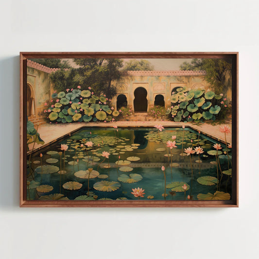 Mughal Lotus Pond Canvas Print, Traditional Indian Wall Art
