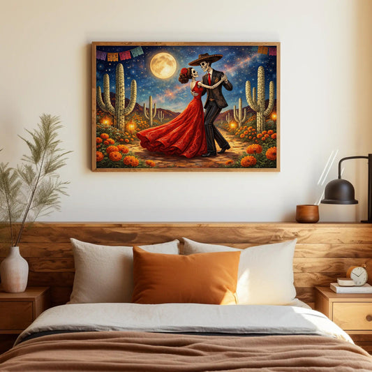 Day of the Dead couple canvas wall art, couple dancing under a full moon in a desert landscape, surrounded by cacti and