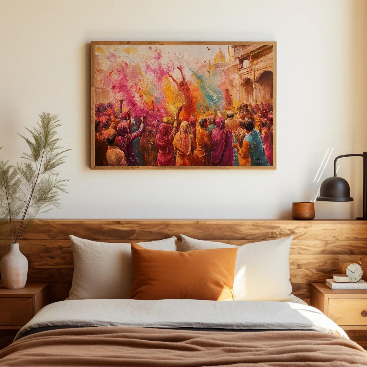 Holi Celebration canvas wall art shown in a bedroom