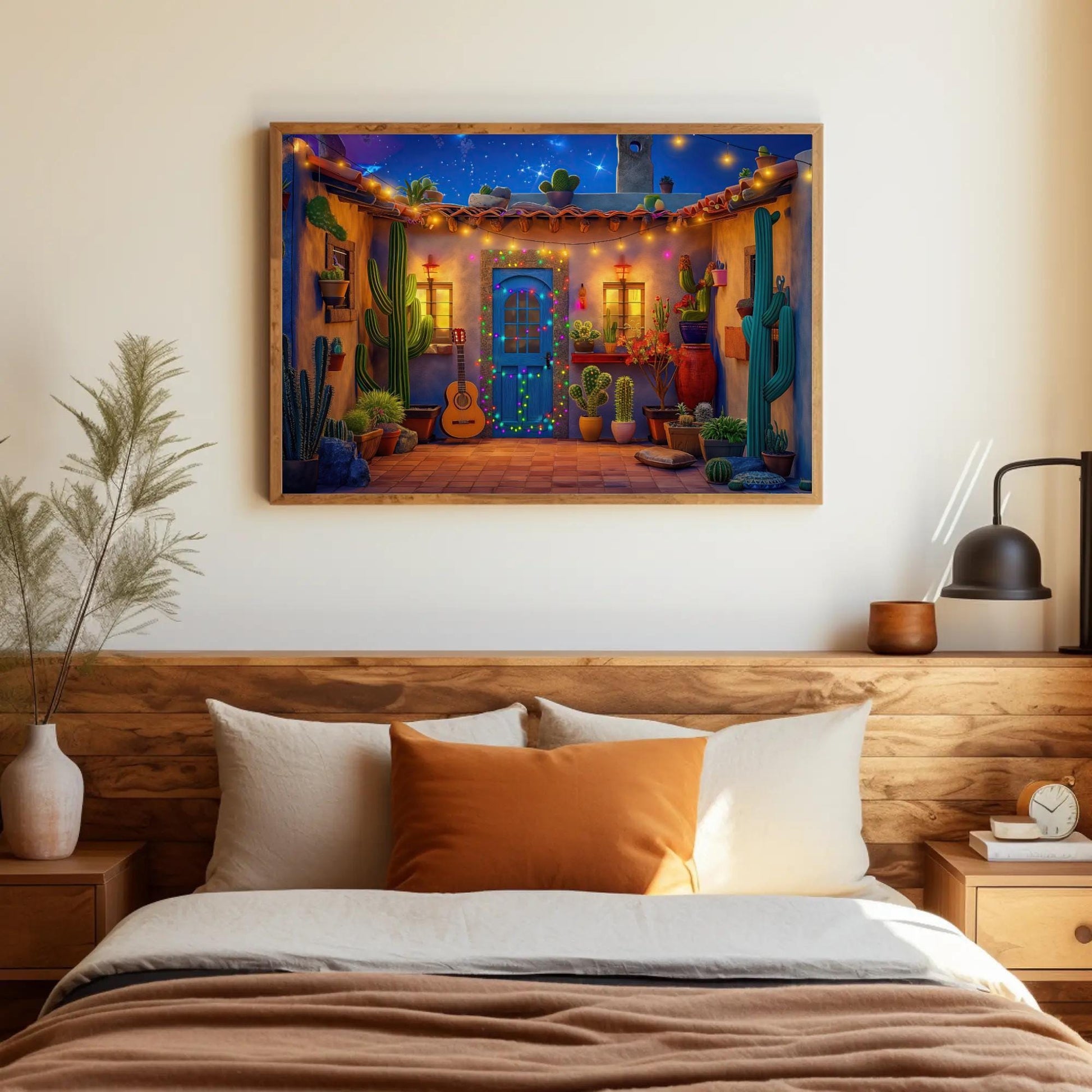 Mexican Fiesta , Colorful Courtyard canvas wall art shown in a bedroom (view 2)