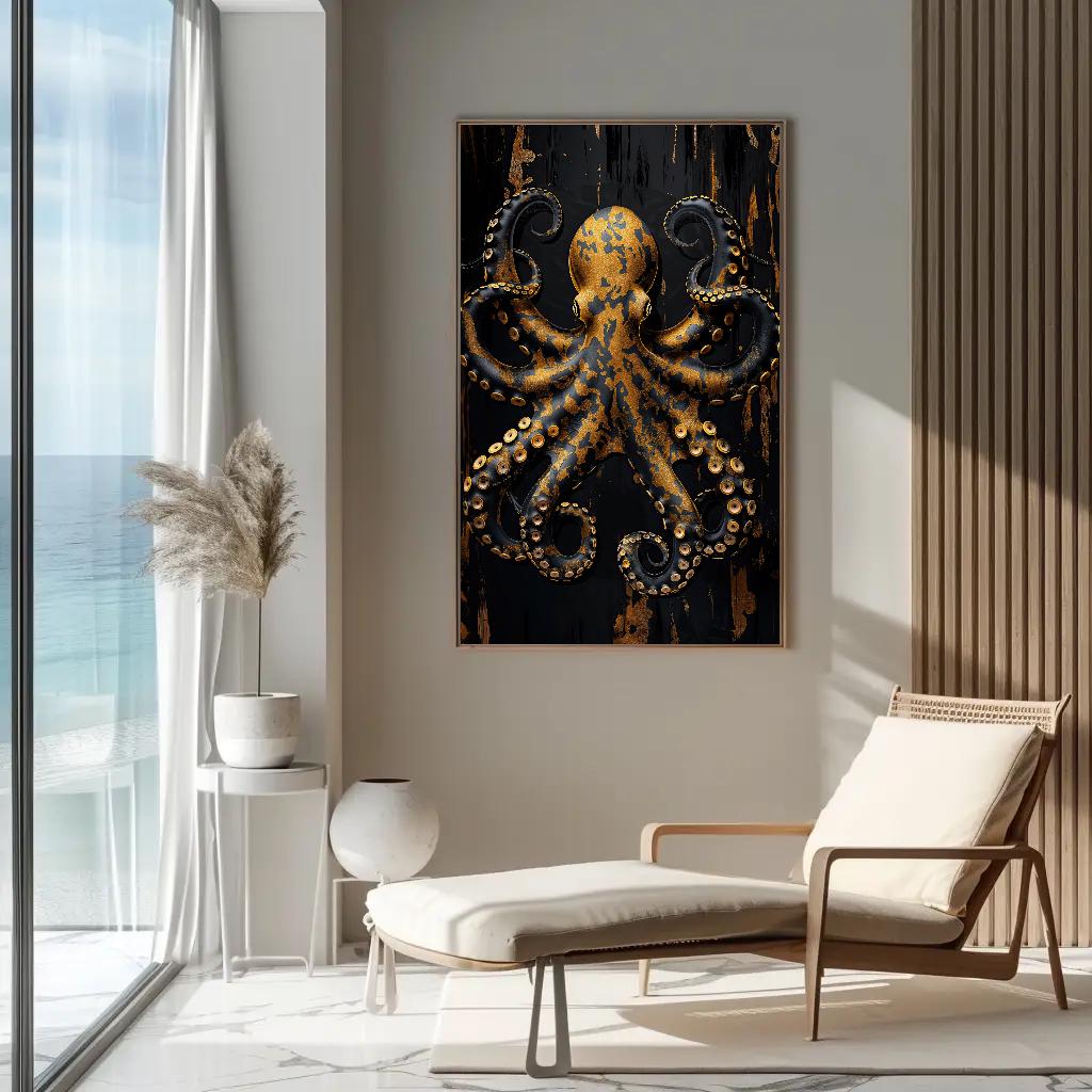 Gold Octopus canvas wall art shown in a living room